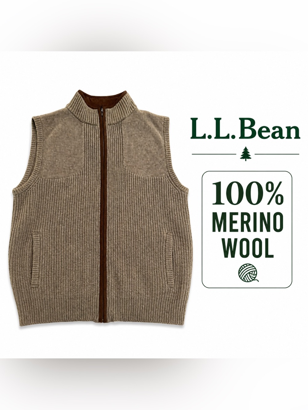 L.L.Bean 100% Merino Wool Full Zip Sweater Vest Brown Men’s M Regular